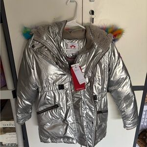 Appaman Silver Puffer Jacket with Rainbow Fur Trim